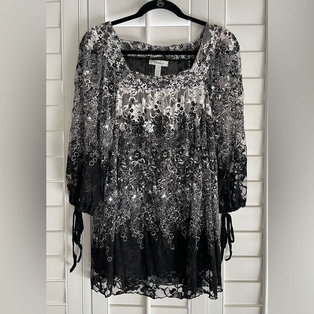DRESS BARN Black & White Floral Lace Square Neck 3/4 Sleeve Blouse Size 1X